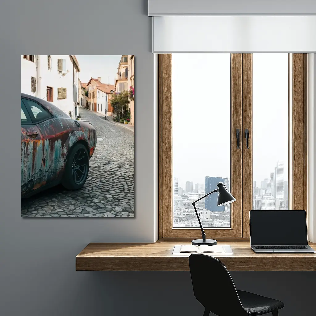 Rusty Dodge Challenger on Cobblestone Street – Wall Art