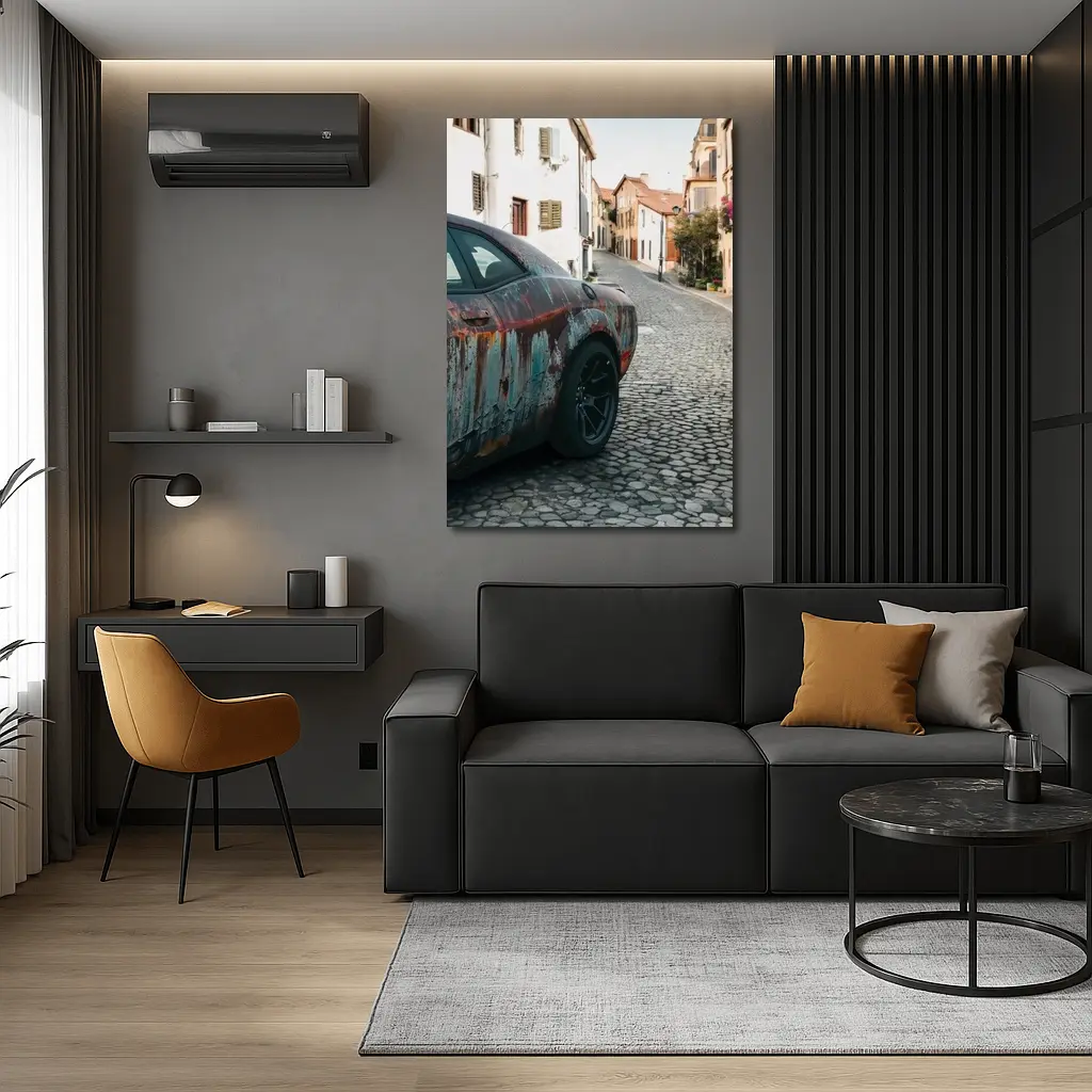 Rusty Dodge Challenger on Cobblestone Street – Wall Art