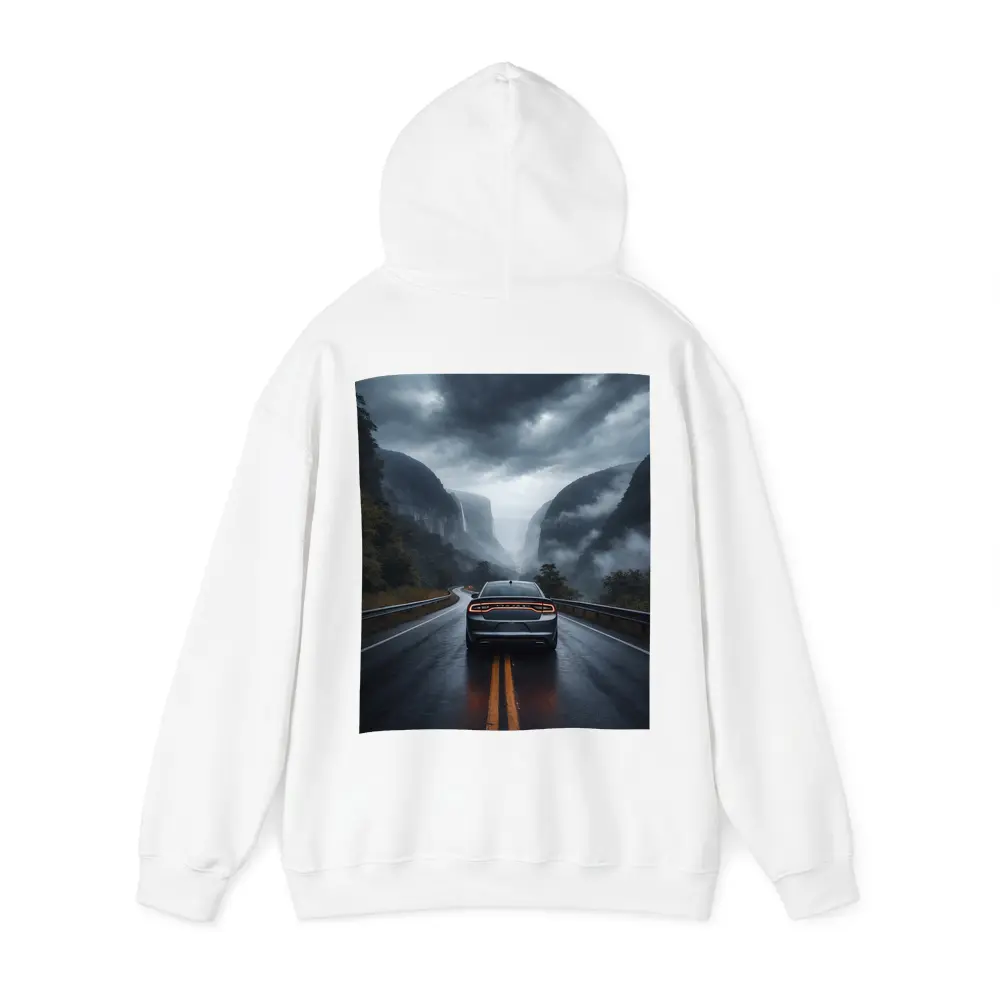 Dodge Charger Driving Through Misty Mountain Road – Hoodies