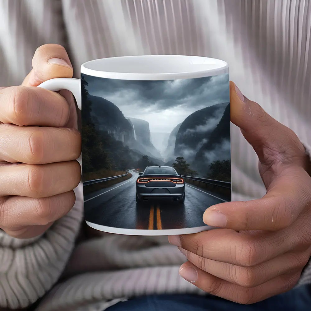 Dodge Charger Driving Through Misty Mountain Road – Mugs