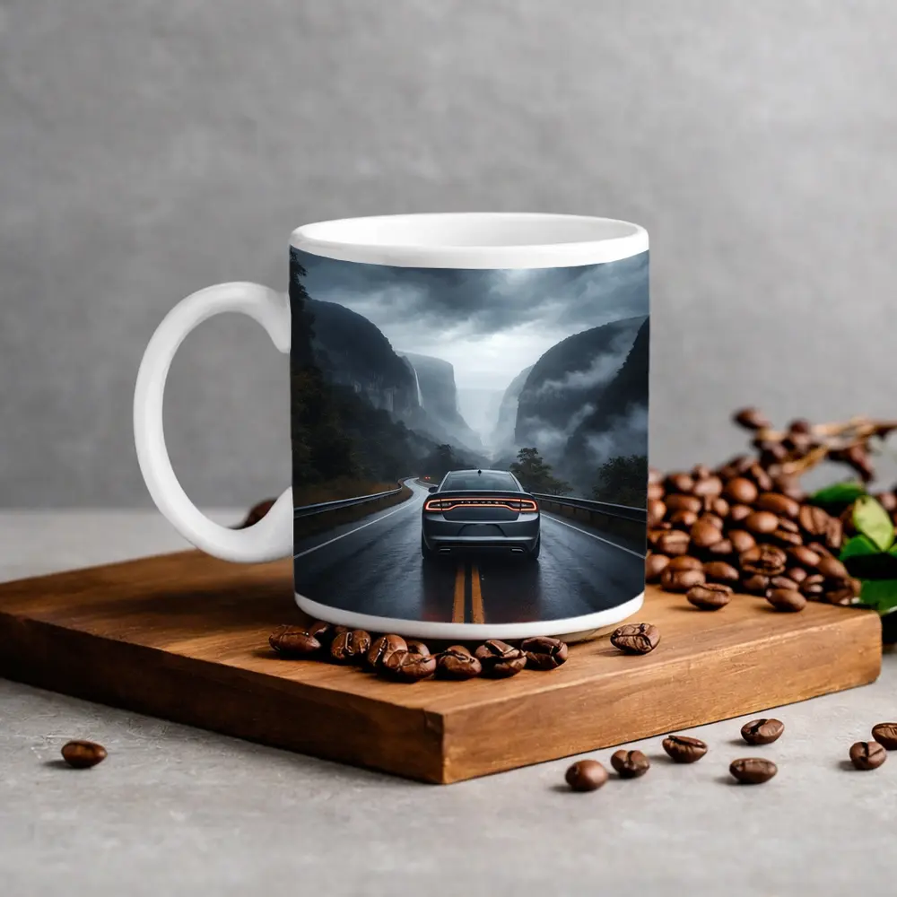 Dodge Charger Driving Through Misty Mountain Road – Mugs