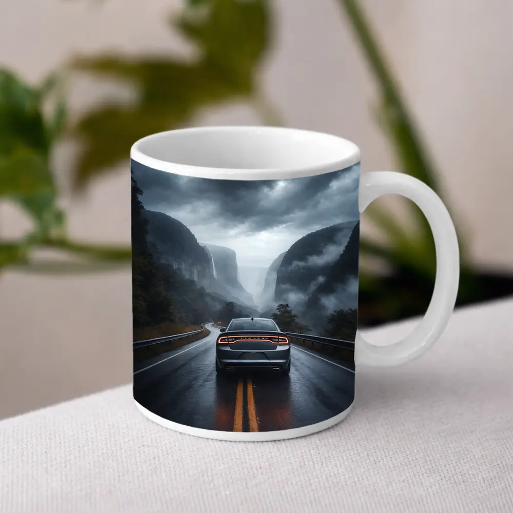 Dodge Charger Driving Through Misty Mountain Road – Mugs