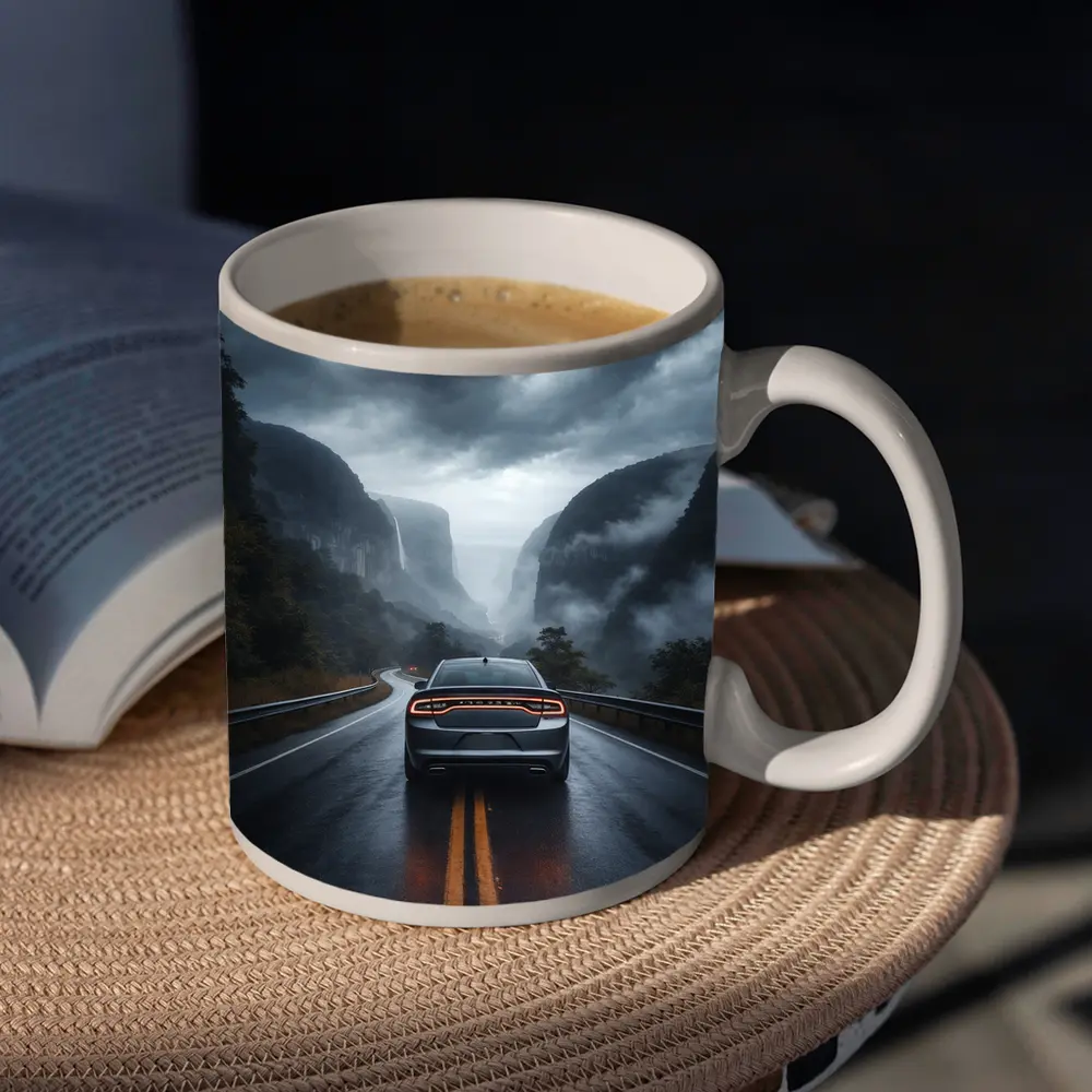 Dodge Charger Driving Through Misty Mountain Road – Mugs