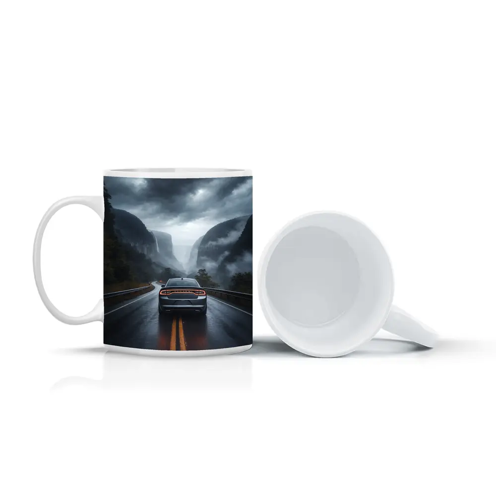 Dodge Charger Driving Through Misty Mountain Road – Mugs