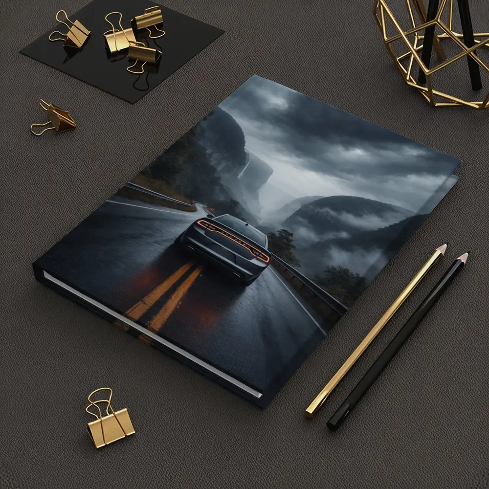 Dodge Charger Driving Through Misty Mountain Road – Notebooks