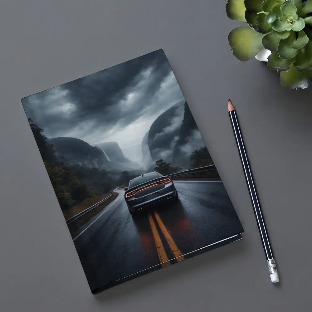 Dodge Charger Driving Through Misty Mountain Road – Notebooks