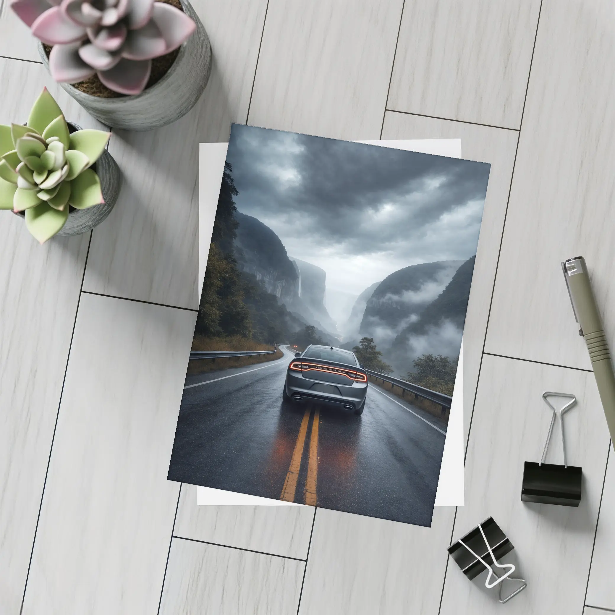 Dodge Charger Driving Through Misty Mountain Road – Postcards