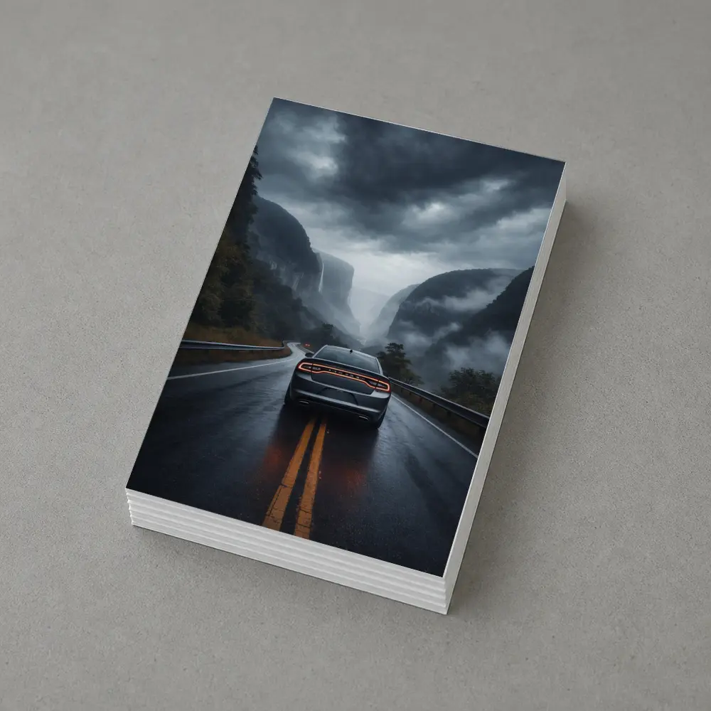 Dodge Charger Driving Through Misty Mountain Road – Postcards
