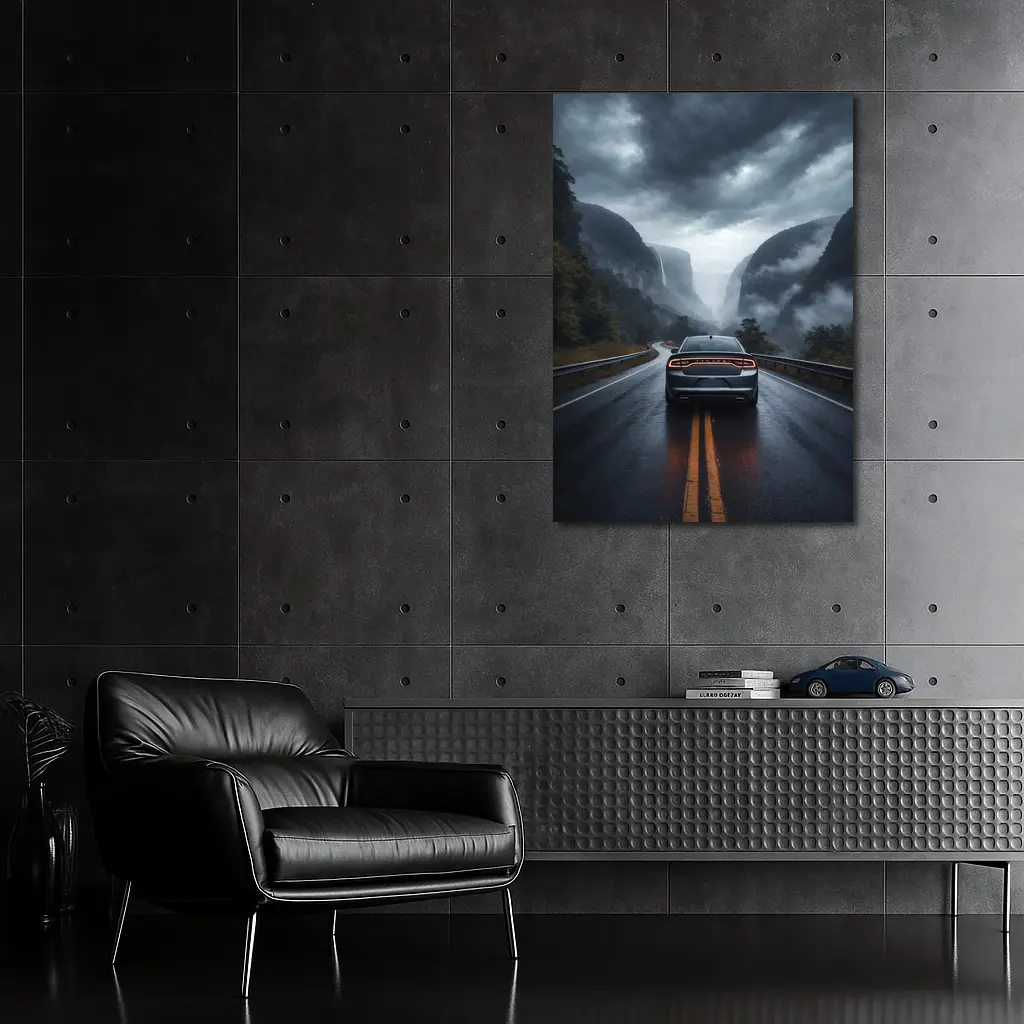 Dodge Charger Driving Through Misty Mountain Road – Wall Art