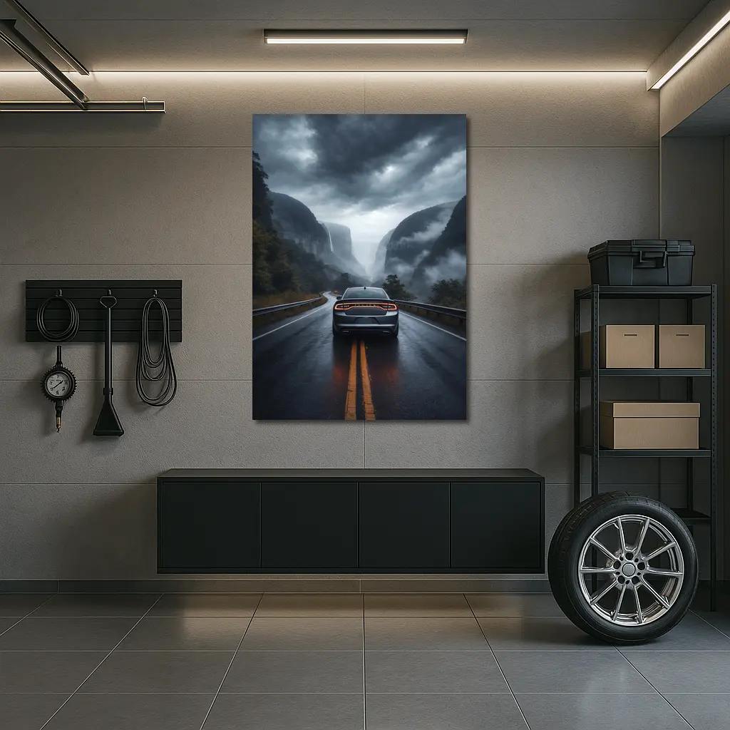 Dodge Charger Driving Through Misty Mountain Road – Wall Art