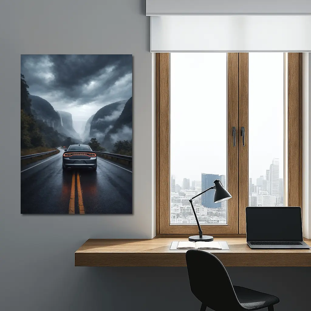 Dodge Charger Driving Through Misty Mountain Road – Wall Art