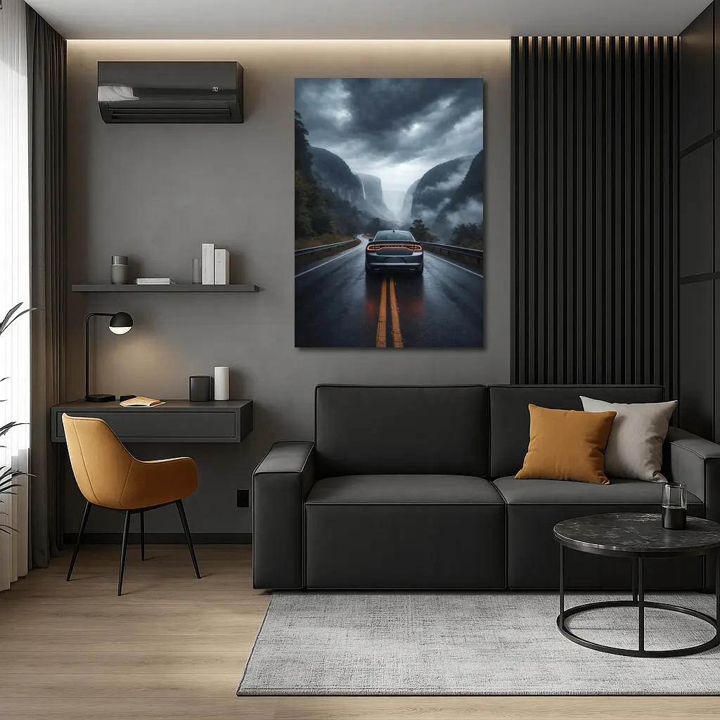 Dodge Charger Driving Through Misty Mountain Road – Wall Art