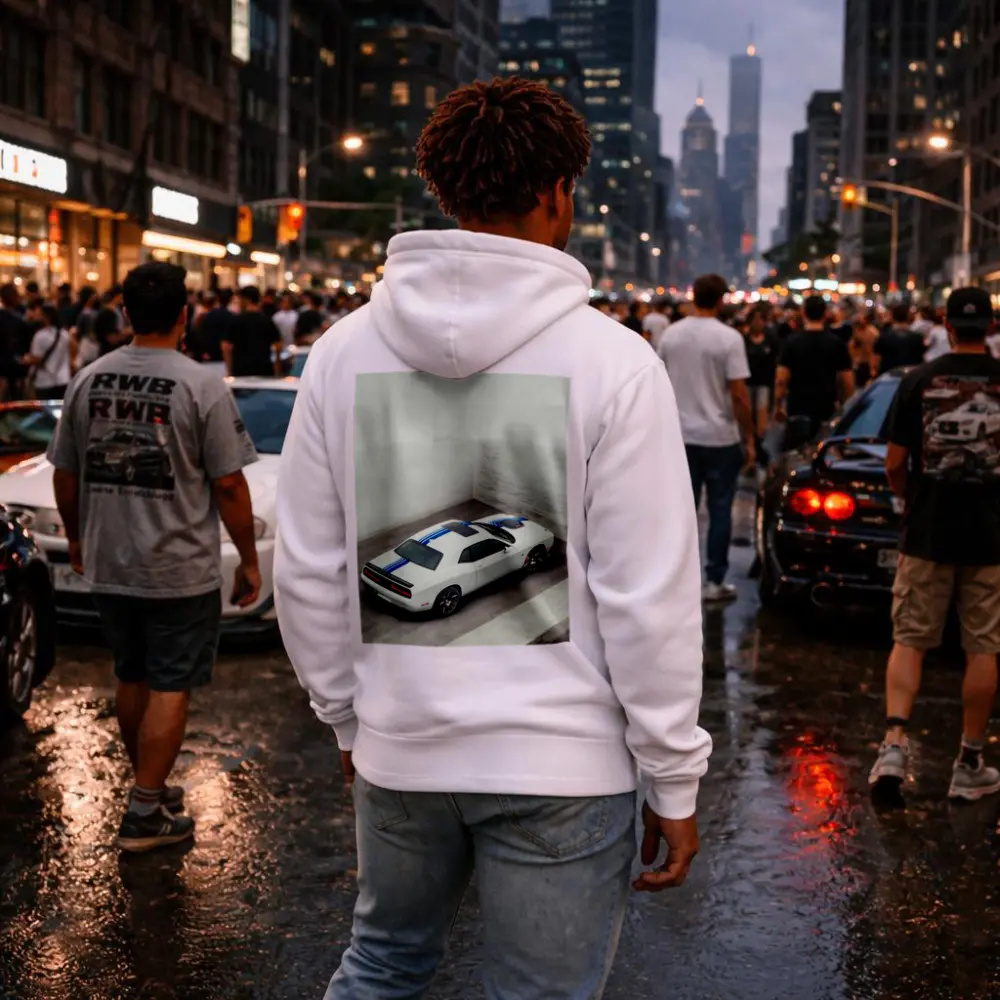 Dodge Challenger White Blue Stripes Garage – Hoodies