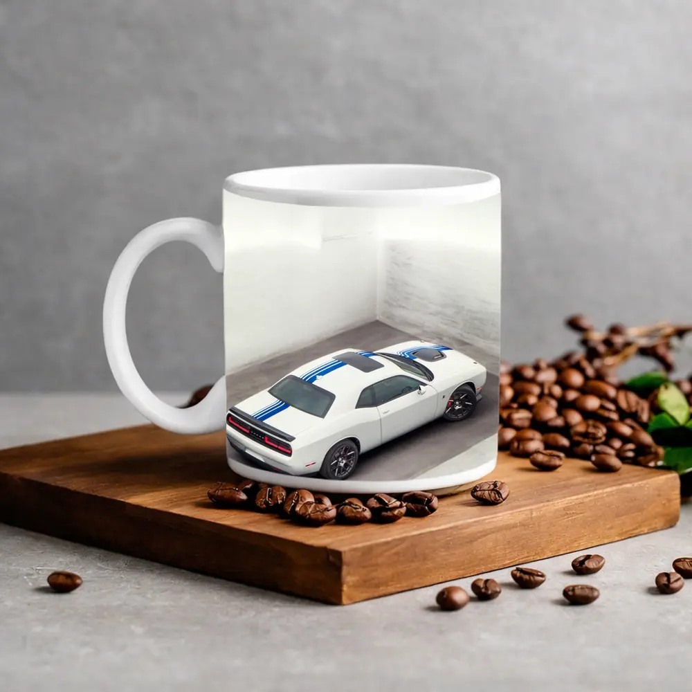 Dodge Challenger White Blue Stripes Garage – Mugs