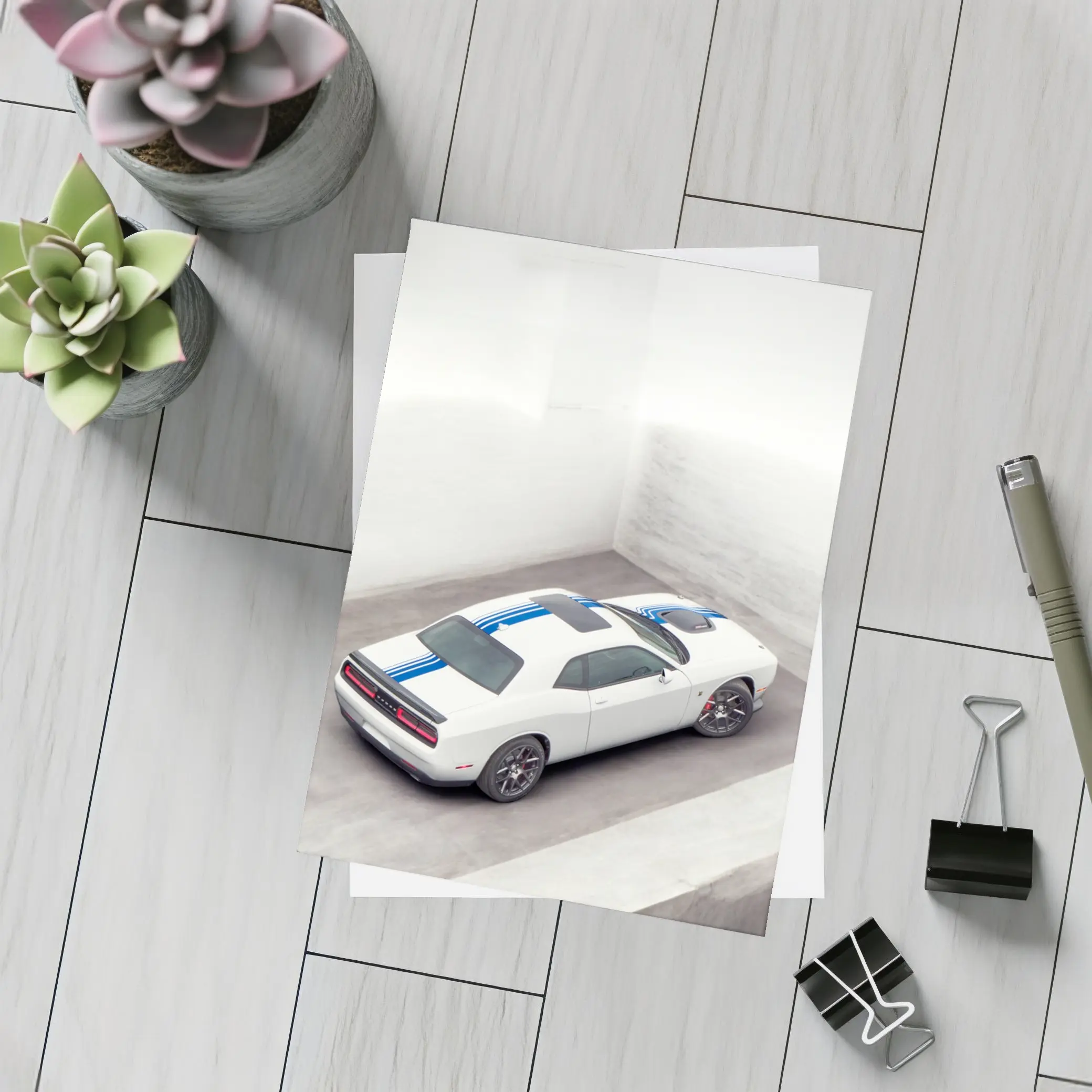 Dodge Challenger White Blue Stripes Garage – Postcards