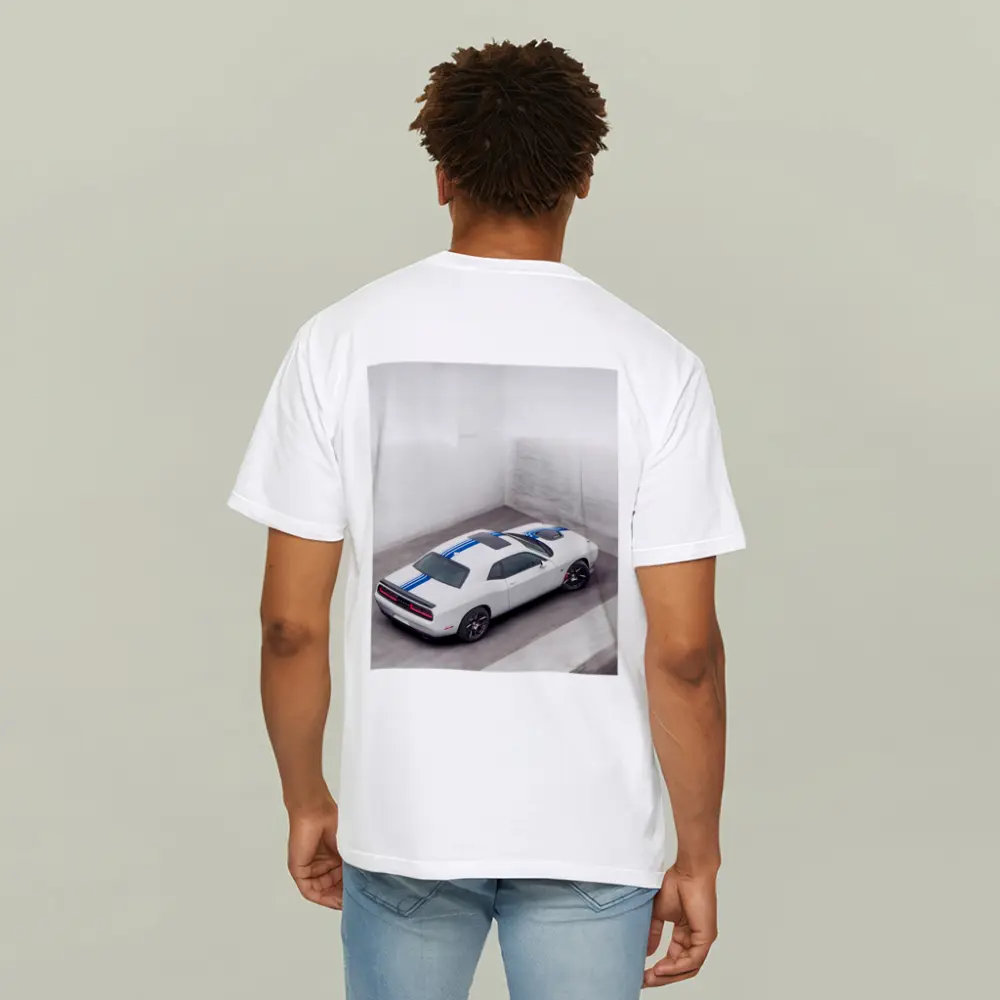 Dodge Challenger White Blue Stripes Garage – T-Shirts
