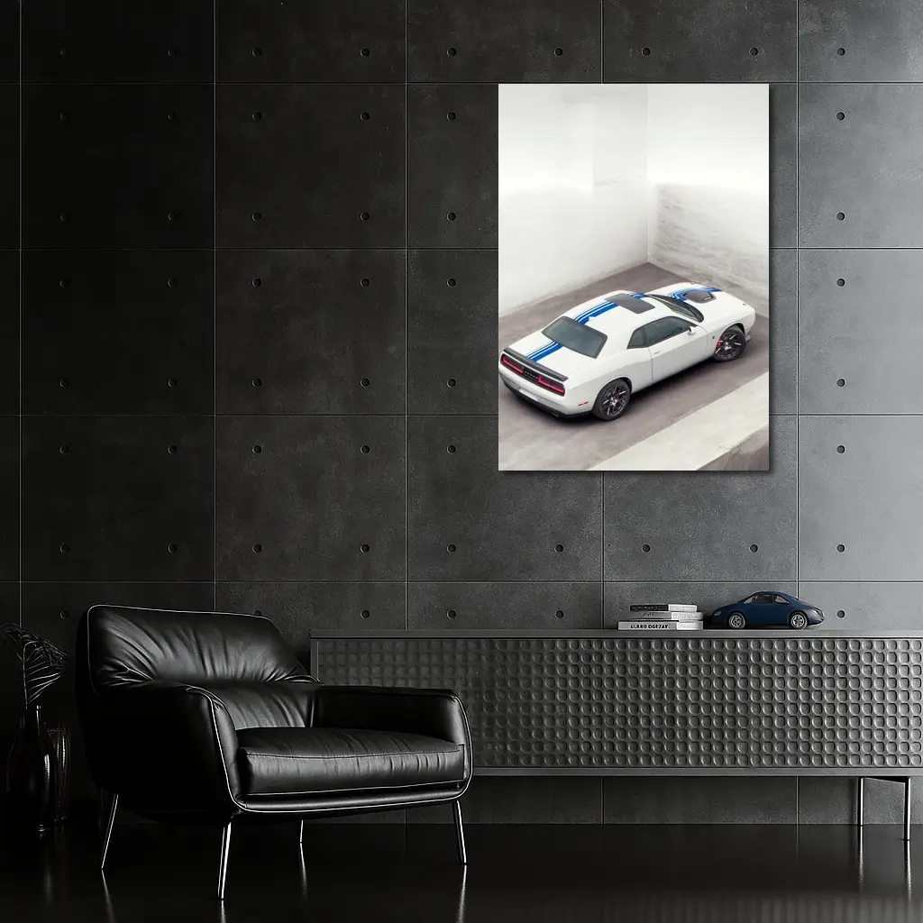 Dodge Challenger White Blue Stripes Garage – Wall Art