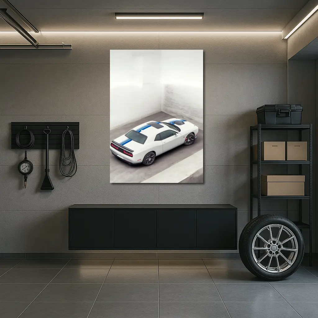 Dodge Challenger White Blue Stripes Garage – Wall Art