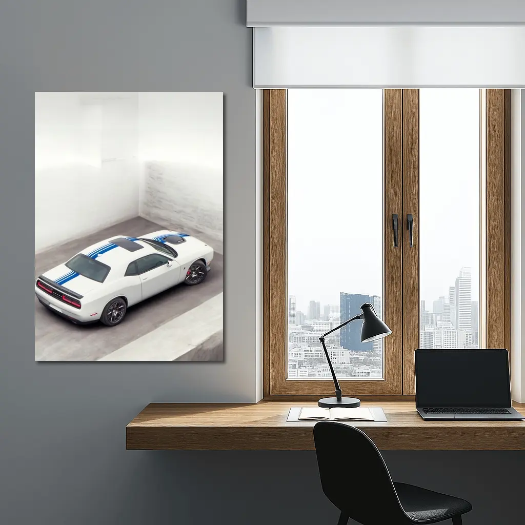 Dodge Challenger White Blue Stripes Garage – Wall Art