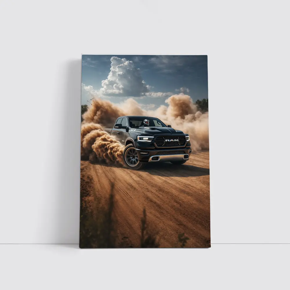 Ram Truck Drifting on Dusty Dirt Road – Wall Art