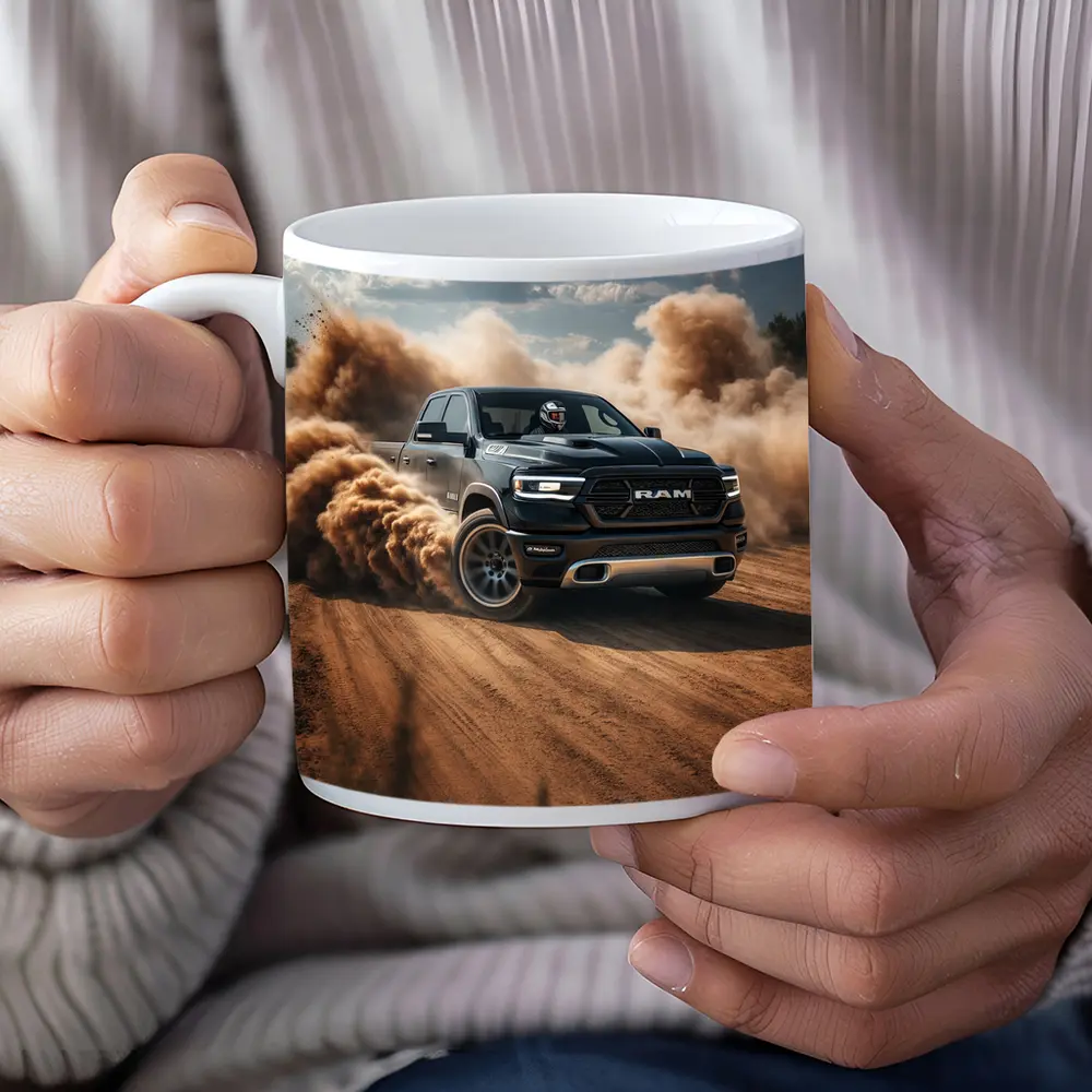 Ram Truck Drifting on Dusty Dirt Road – Mugs