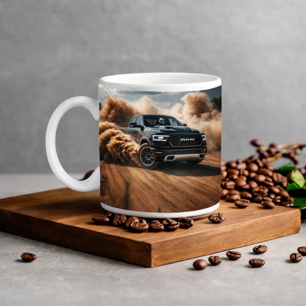 Ram Truck Drifting on Dusty Dirt Road – Mugs