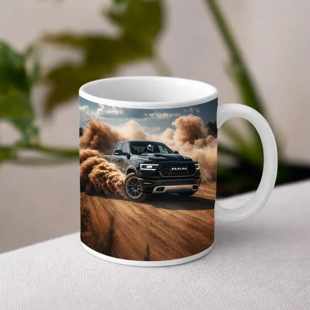Ram Truck Drifting on Dusty Dirt Road – Mugs