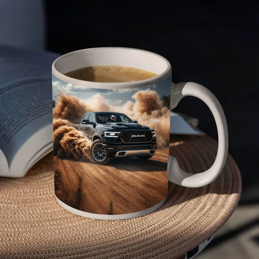 Ram Truck Drifting on Dusty Dirt Road – Mugs