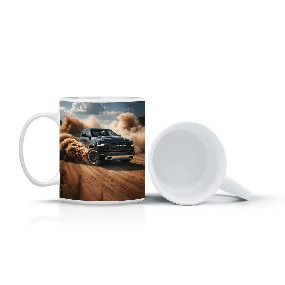 Ram Truck Drifting on Dusty Dirt Road – Mugs