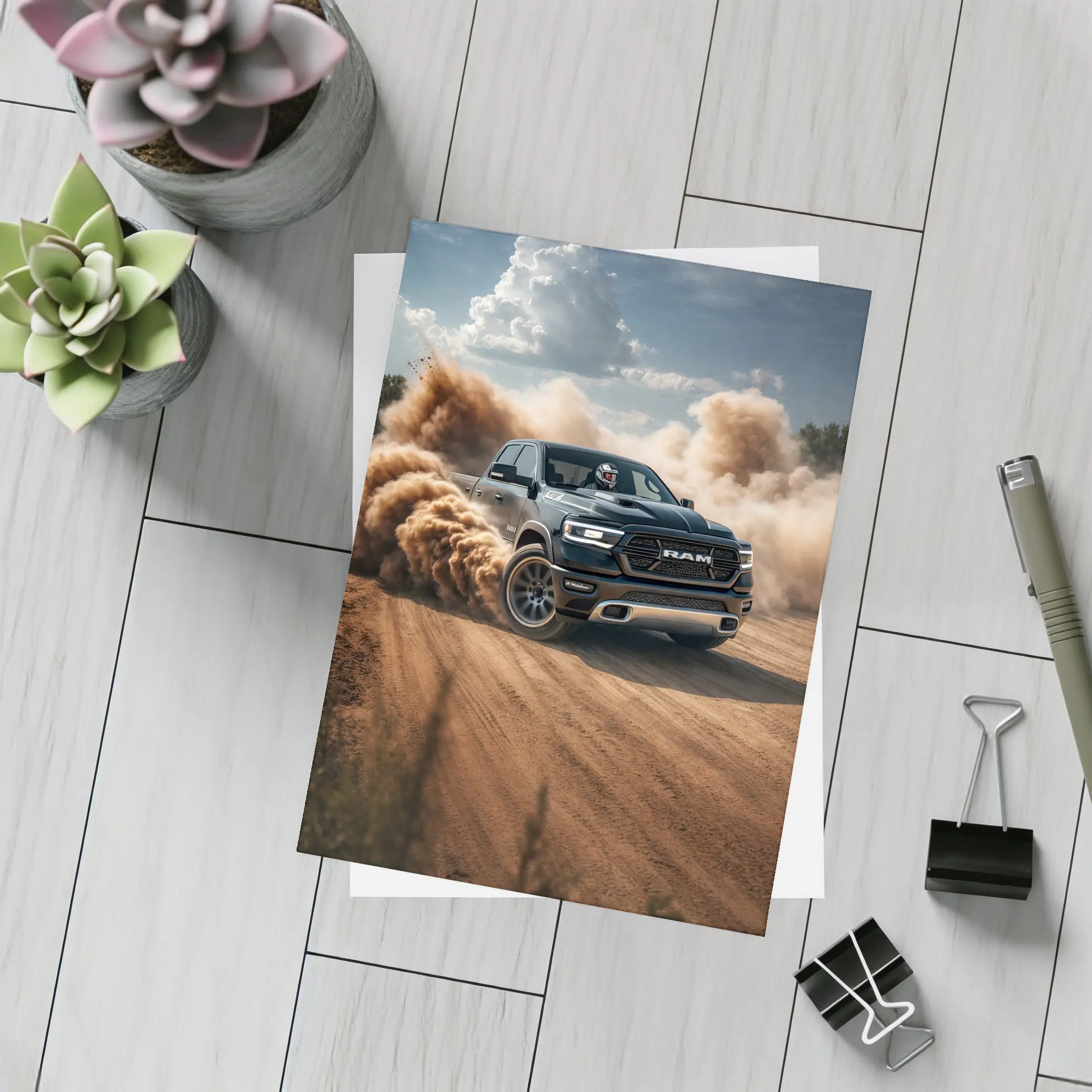 Ram Truck Drifting on Dusty Dirt Road – Postcards