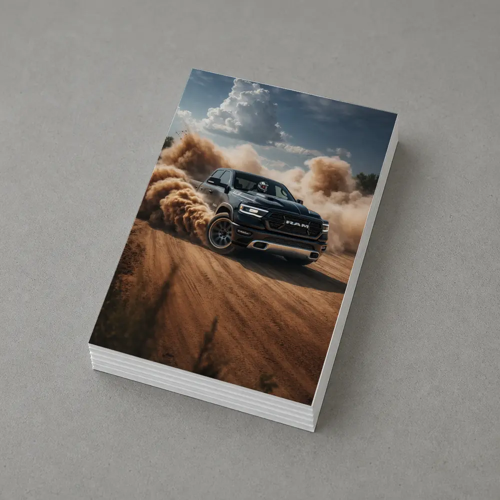 Ram Truck Drifting on Dusty Dirt Road – Postcards