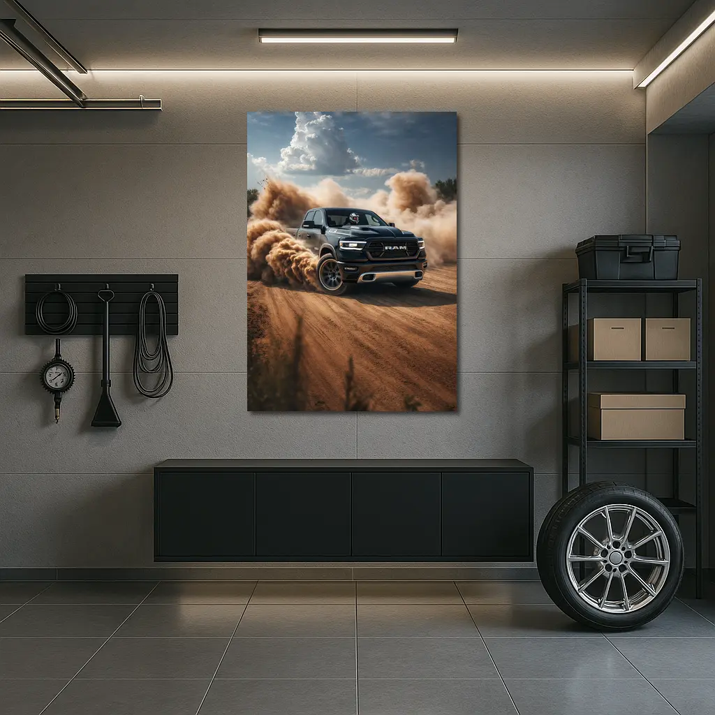 Ram Truck Drifting on Dusty Dirt Road – Wall Art