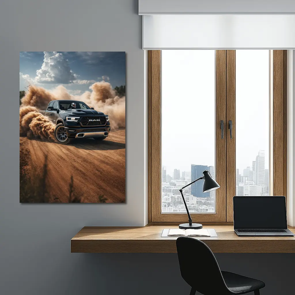 Ram Truck Drifting on Dusty Dirt Road – Wall Art