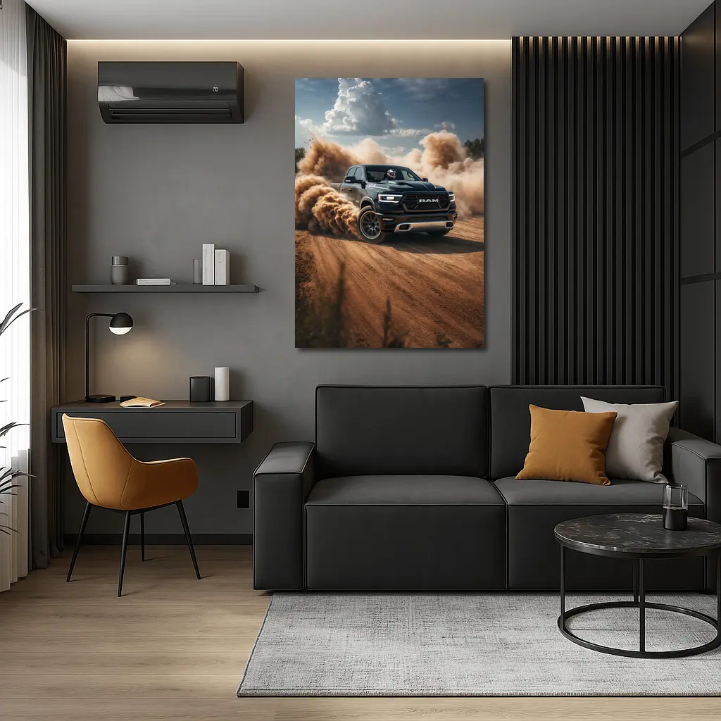 Ram Truck Drifting on Dusty Dirt Road – Wall Art