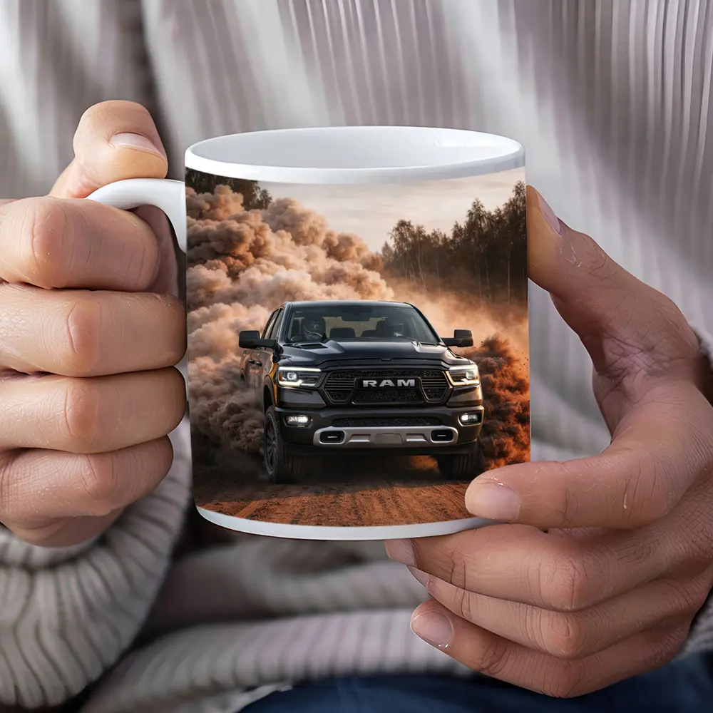 RAM Truck Drifting On Dusty Dirt Road – Mugs