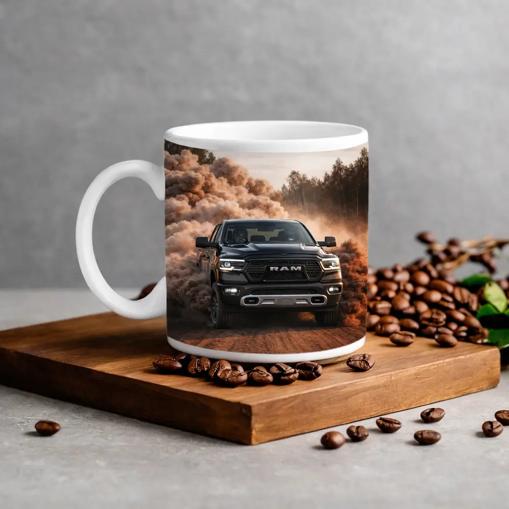 RAM Truck Drifting On Dusty Dirt Road – Mugs