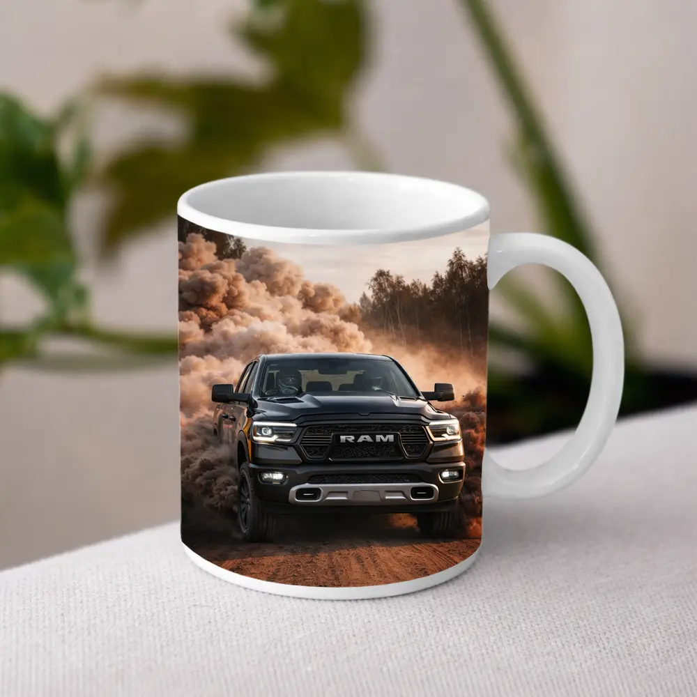 RAM Truck Drifting On Dusty Dirt Road – Mugs