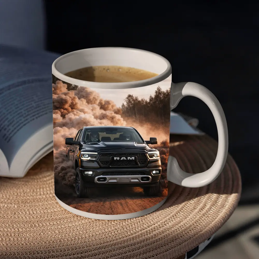 RAM Truck Drifting On Dusty Dirt Road – Mugs