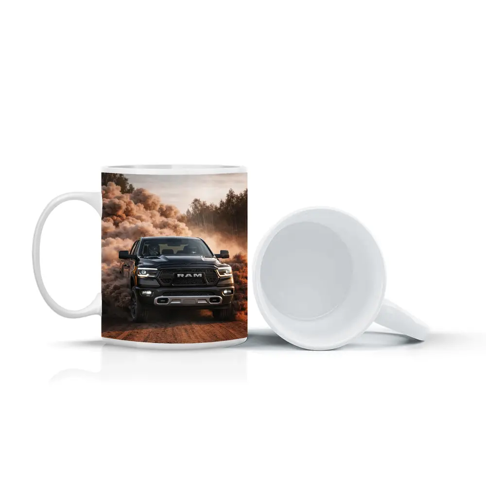 RAM Truck Drifting On Dusty Dirt Road – Mugs