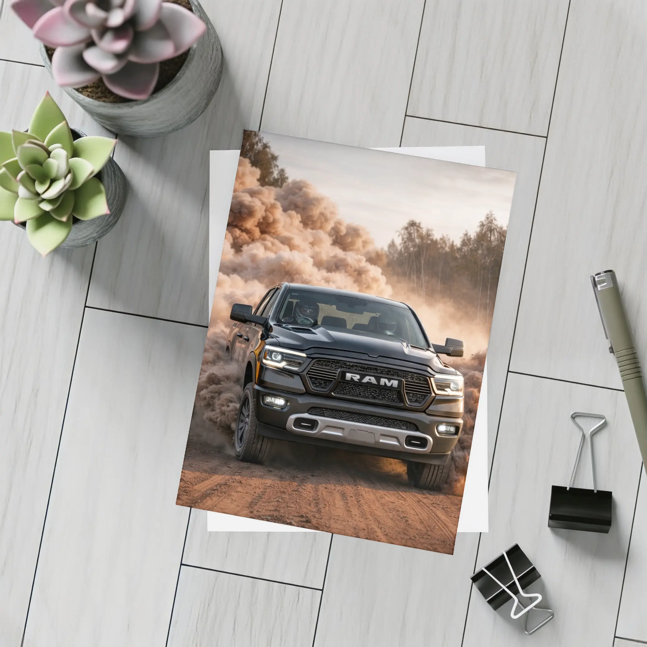 RAM Truck Drifting On Dusty Dirt Road – Postcards