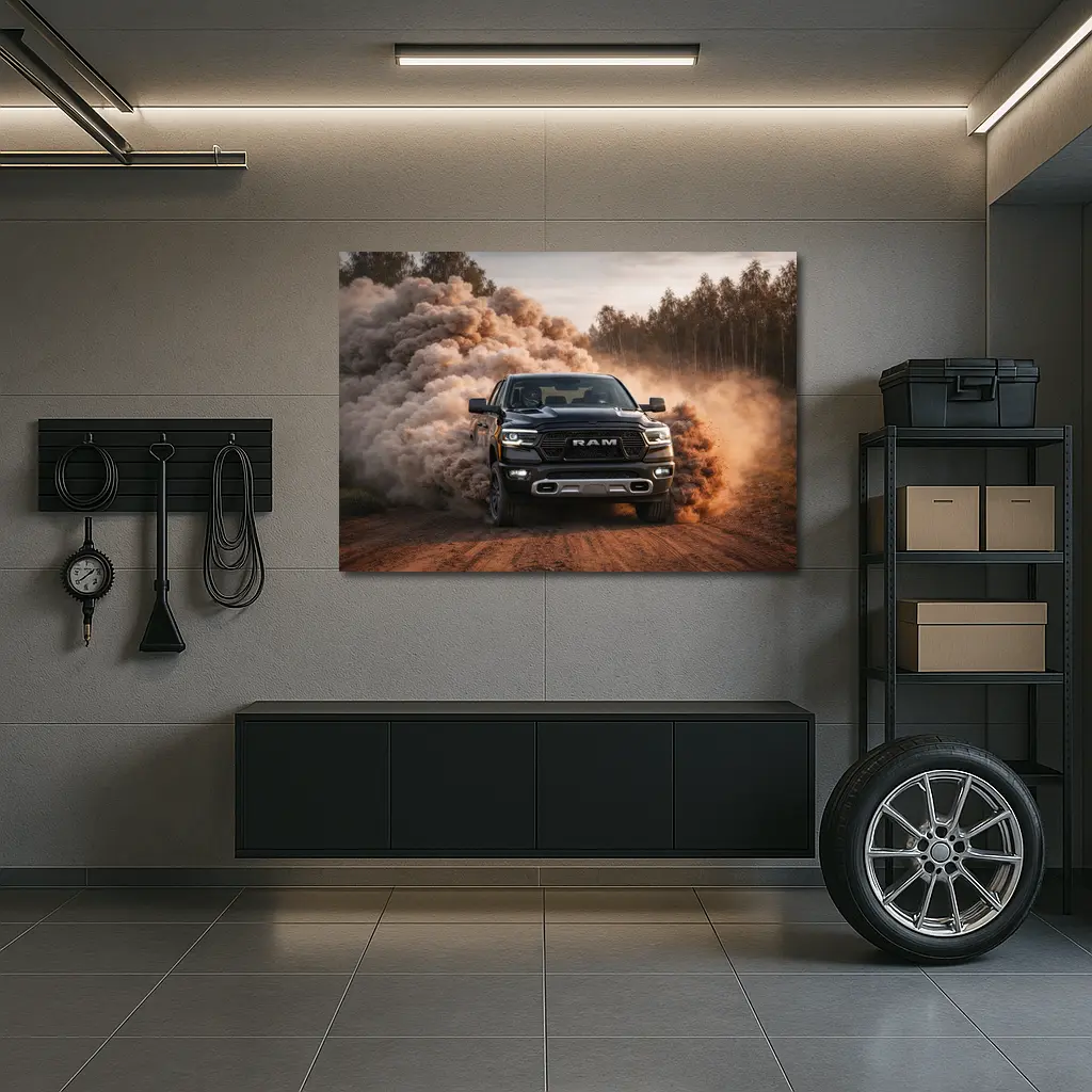 RAM Truck Drifting On Dusty Dirt Road – Wall Art