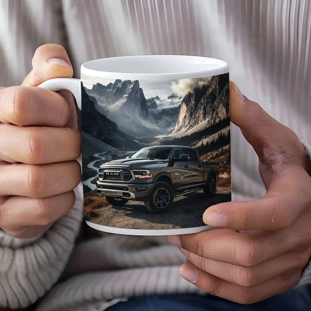 Ram Truck Parked in Mountain Valley – Mugs
