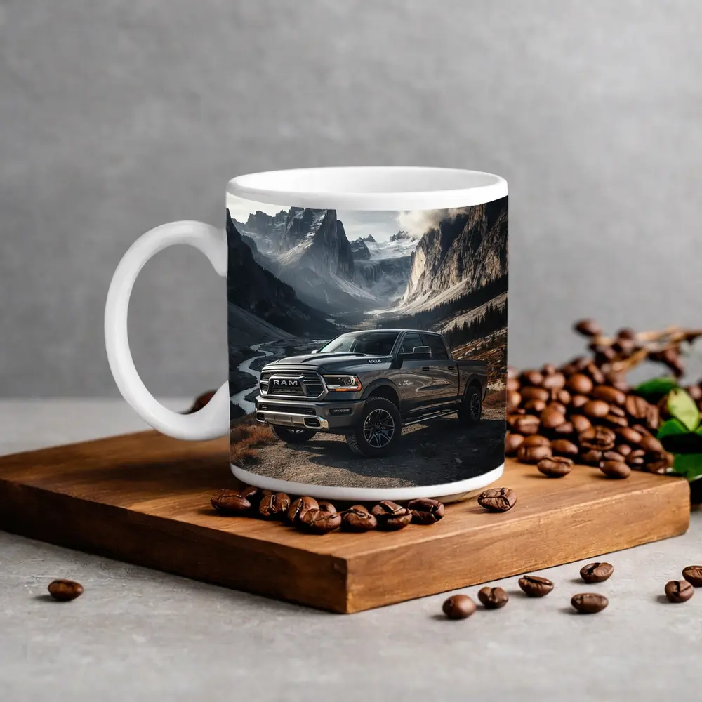 Ram Truck Parked in Mountain Valley – Mugs