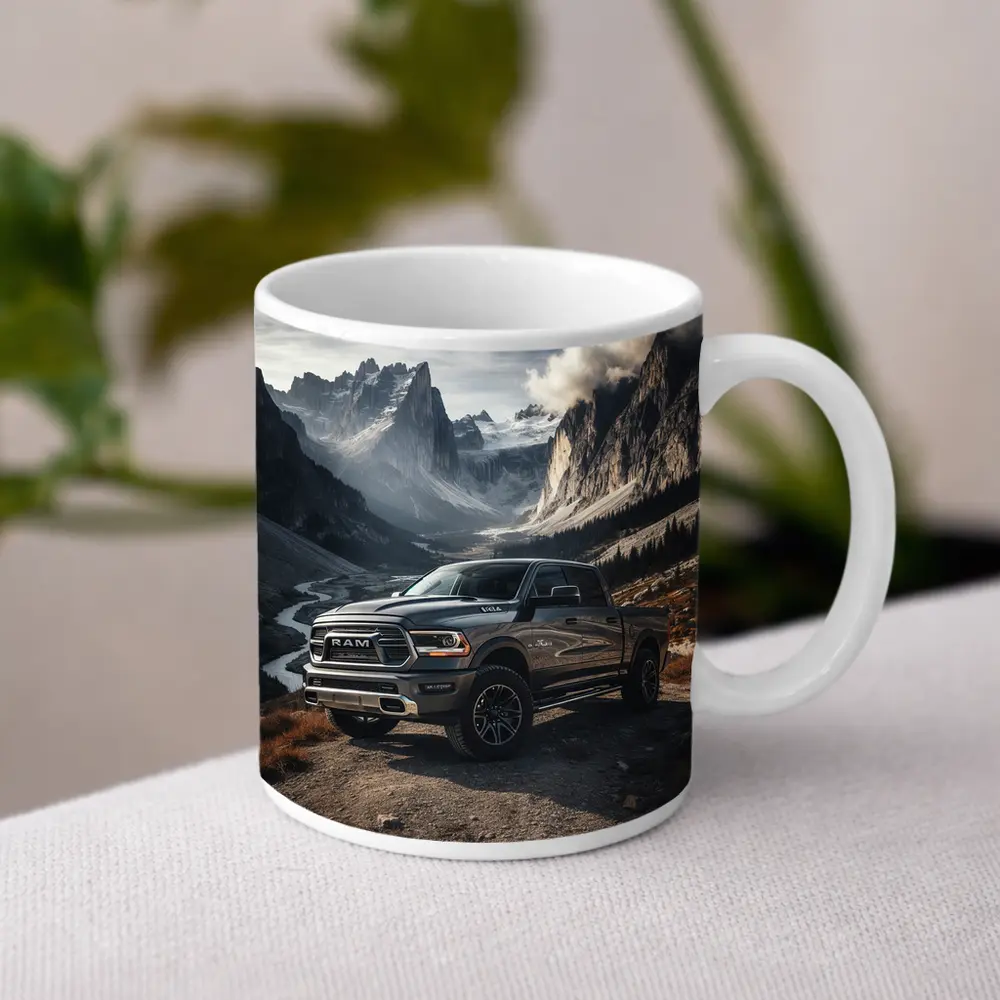 Ram Truck Parked in Mountain Valley – Mugs