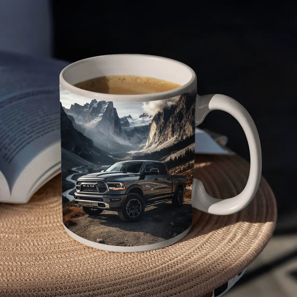 Ram Truck Parked in Mountain Valley – Mugs