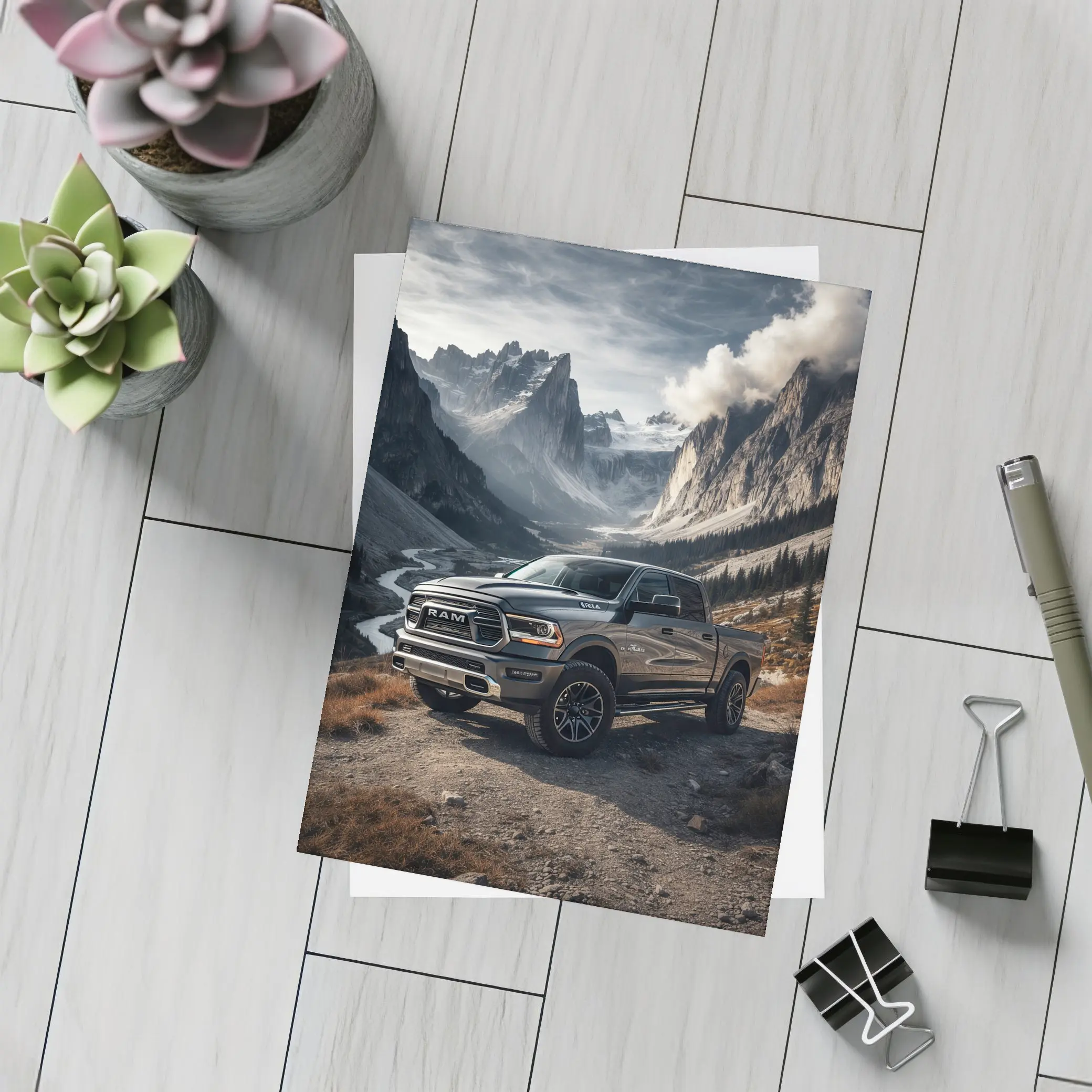 Ram Truck Parked in Mountain Valley – Postcards