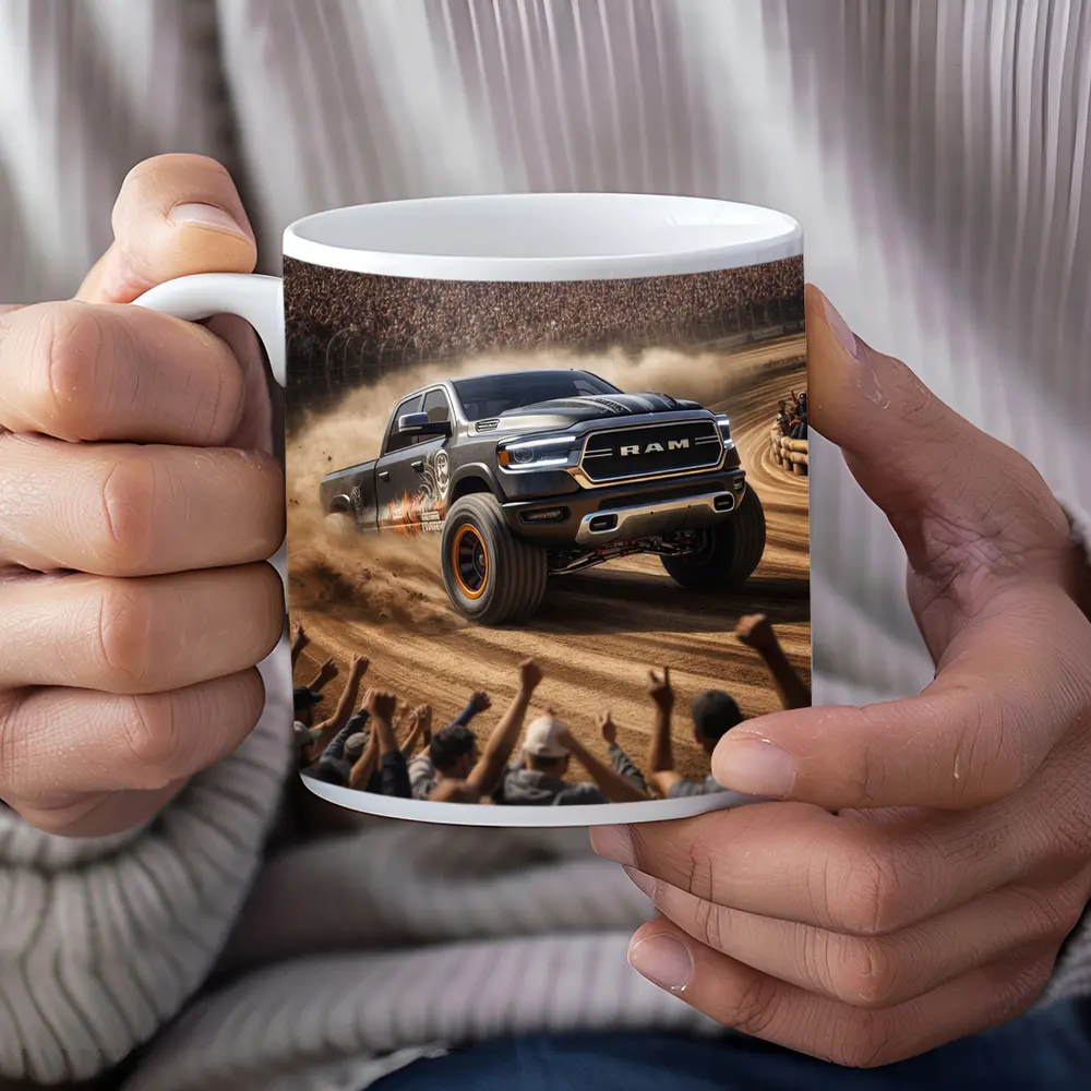 Ram Truck Tearing Through Dirt Race Arena – Mugs
