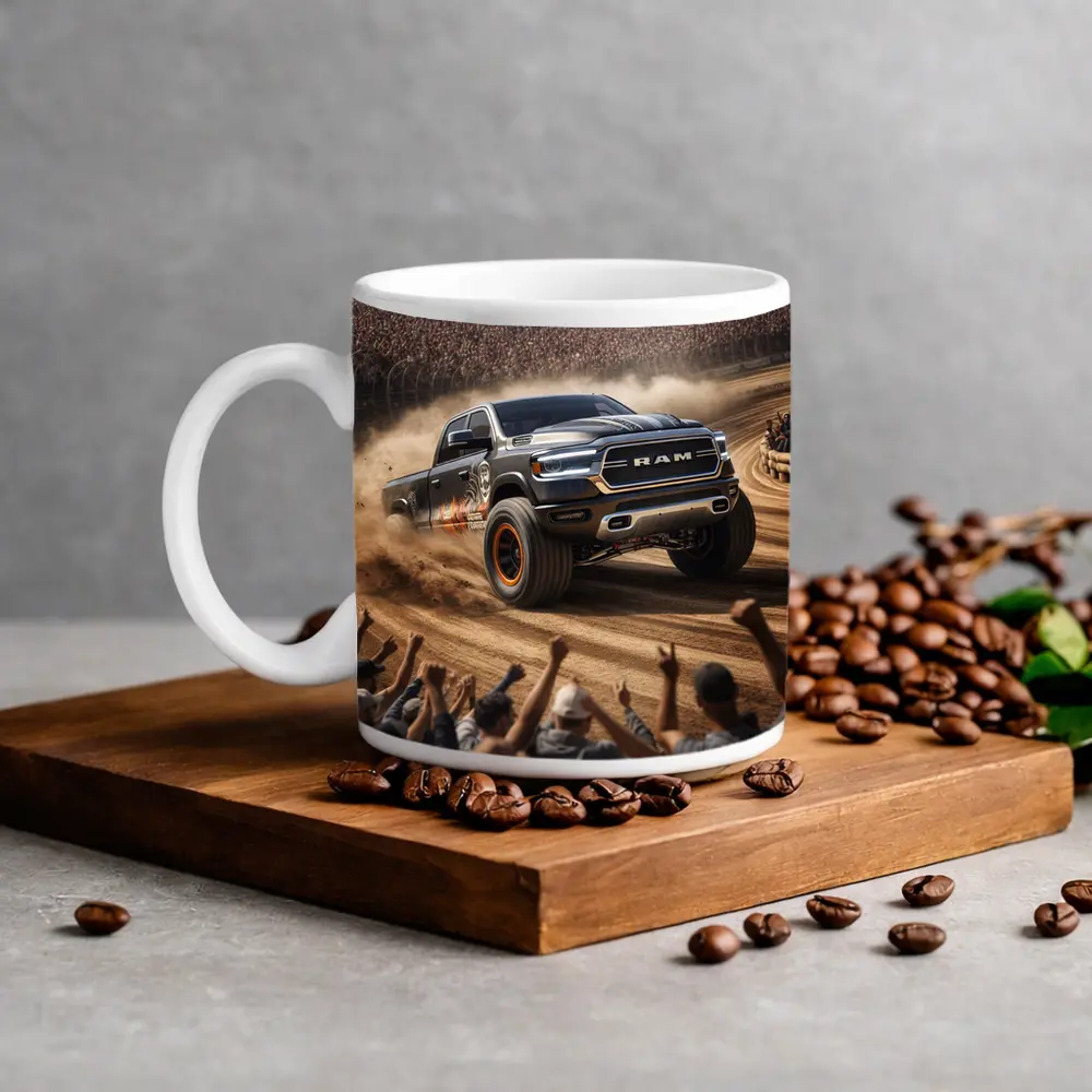 Ram Truck Tearing Through Dirt Race Arena – Mugs