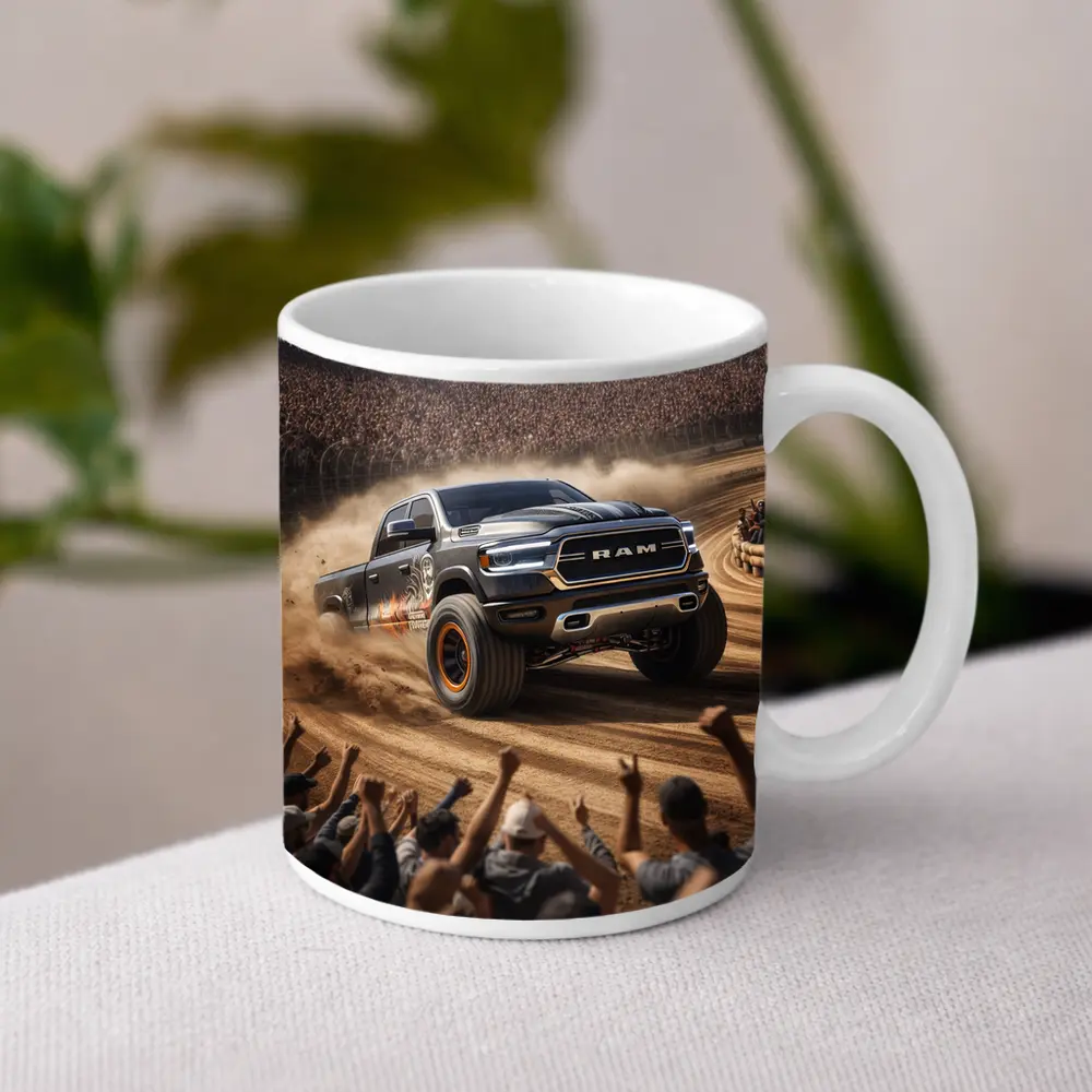 Ram Truck Tearing Through Dirt Race Arena – Mugs