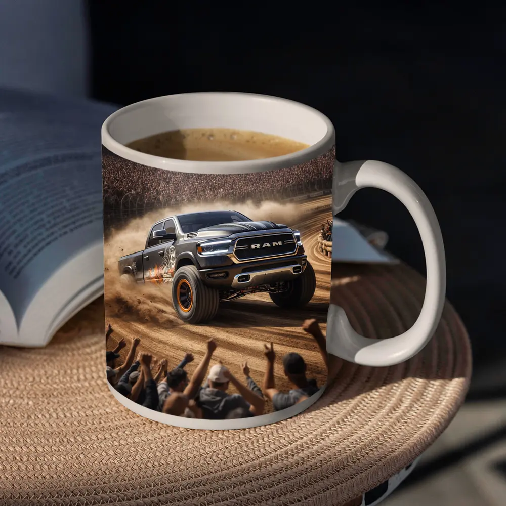 Ram Truck Tearing Through Dirt Race Arena – Mugs